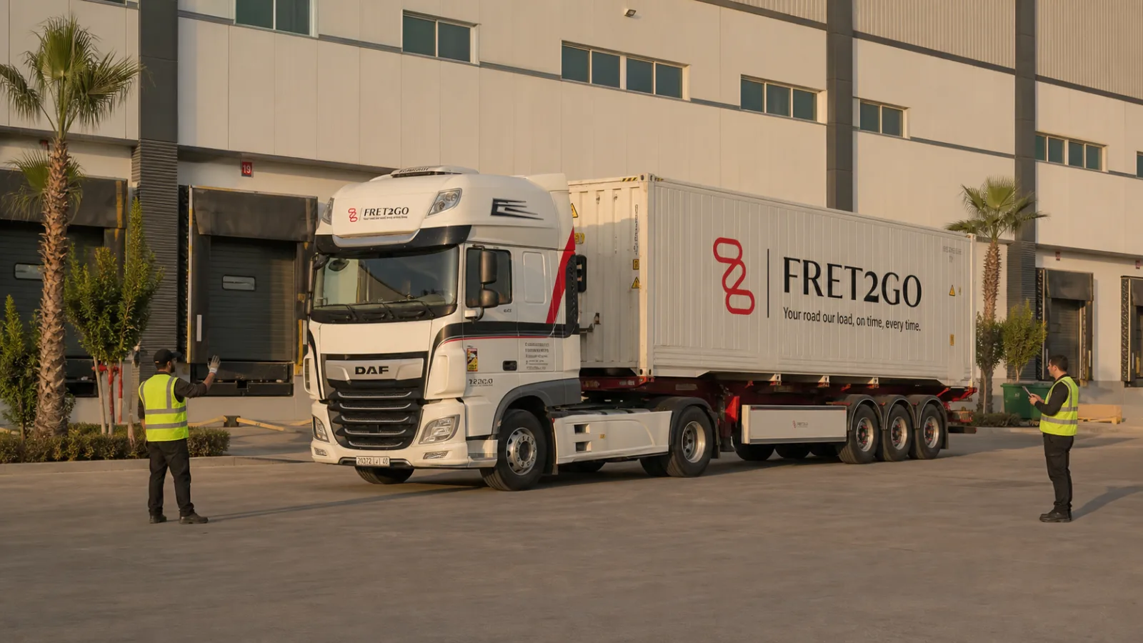 Camion Fret2Go à quai devant un entrepôt au Maroc